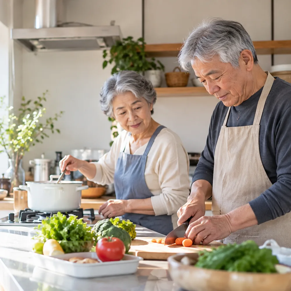 明るい台所で、ふたりで料理をする60代の夫婦