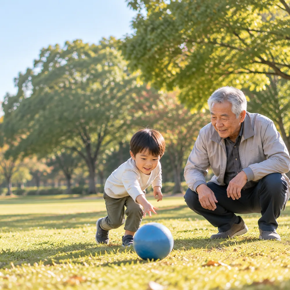 公園の芝生で、孫とボール遊びをする70代の男性