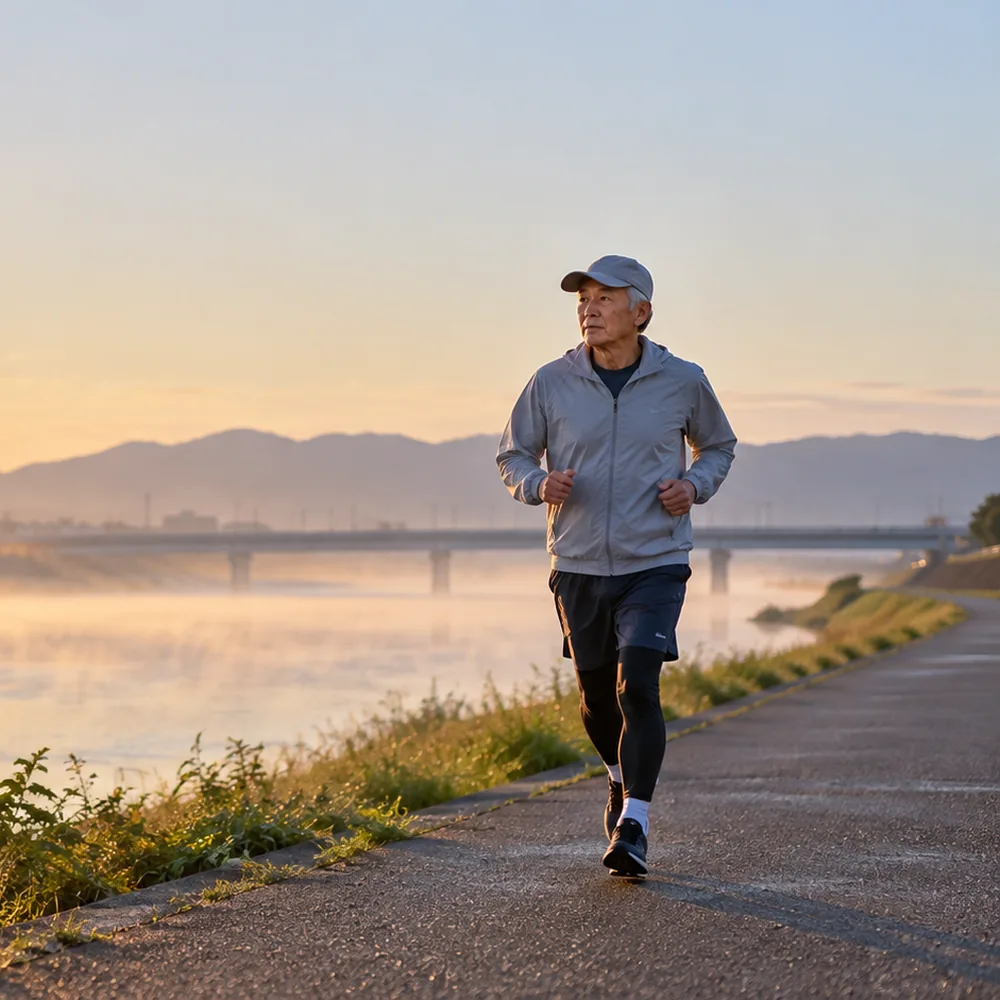 朝の川沿いの道をゆっくり走る70代の男性