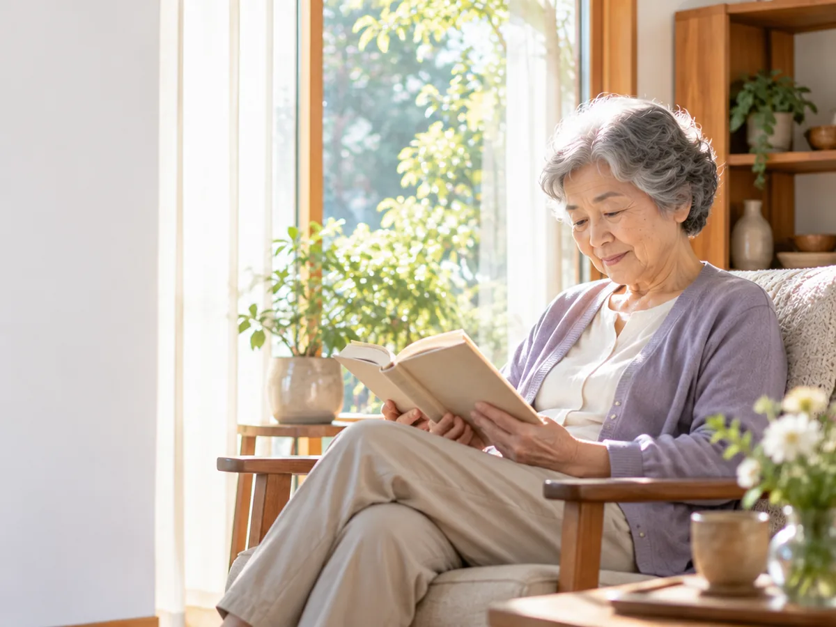 窓辺の椅子に腰かけて、ゆっくり本を読む60代の女性