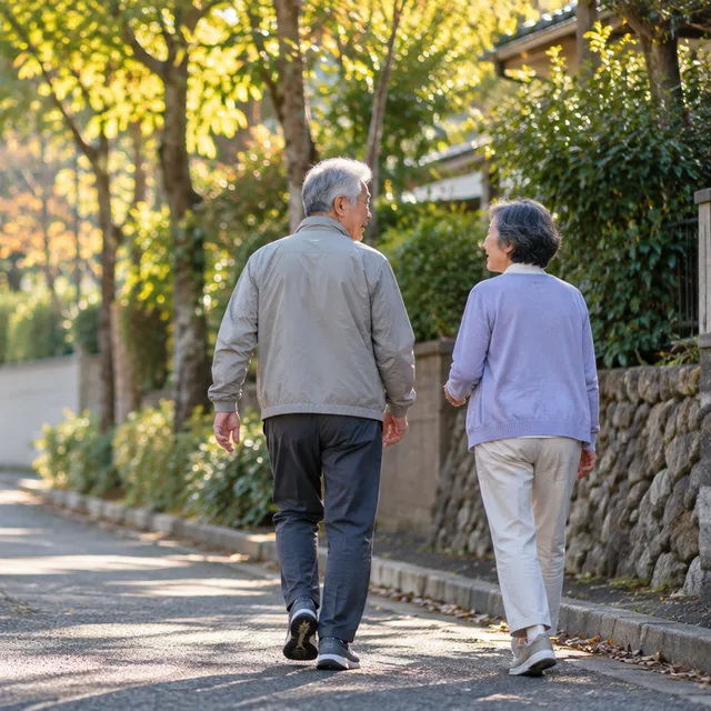 並木道を並んで散歩する60代の夫婦